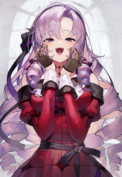Anime picture 828x1200 with virtual youtuber nijisanji hyakumantenbara salome hyakumantenbara salome (1st costume) scottie (phantom2) single long hair tall image looking at viewer open mouth purple eyes purple hair :d from below drill hair girl dress gloves ribbon (ribbons) hair ribbon
