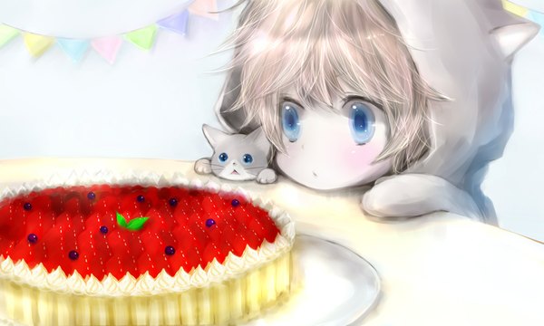 Anime picture 1920x1152 with original pixiv mari (milkuro-cat) single blush highres short hair blue eyes blonde hair wide image looking away white hair chibi happy birthday cute androgynous animal food sweets cat