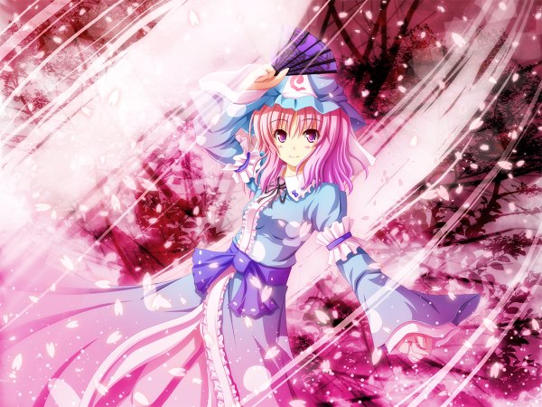 Anime picture 1200x900 with touhou saigyouji yuyuko akashio (loli ace) pink hair japanese clothes cherry blossoms girl hat fan