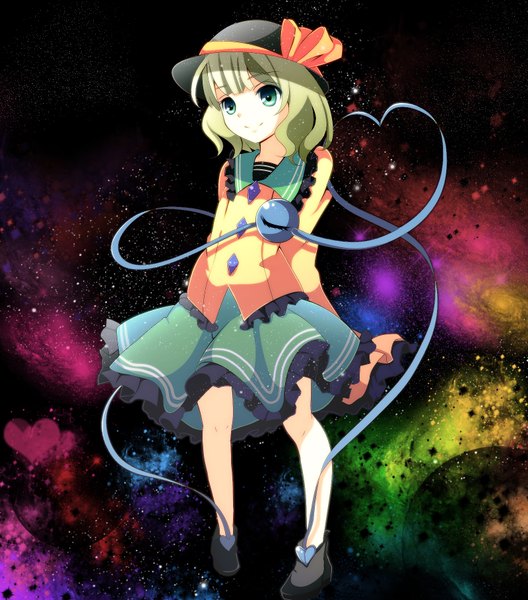 Anime picture 1600x1816 with touhou komeiji koishi aru16 a-ru single tall image short hair smile green eyes green hair heart of string abstract girl dress hat shoes frills heart eyeball