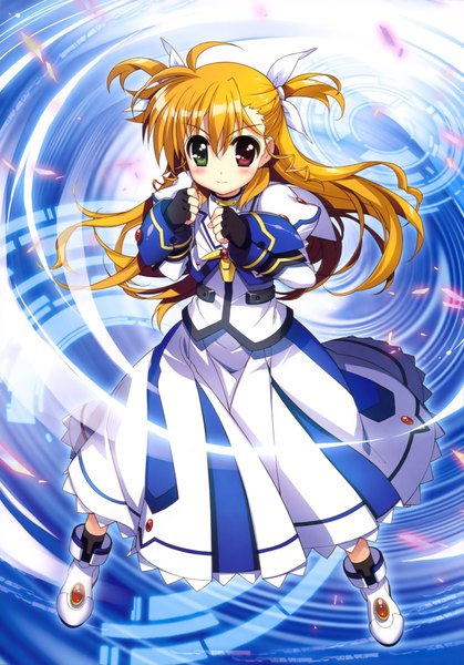 Anime picture 2863x4095 with mahou shoujo lyrical nanoha takamachi vivio fujima takuya single long hair tall image blush highres blonde hair scan two side up magic girl dress gloves bow hair bow fingerless gloves magic circle