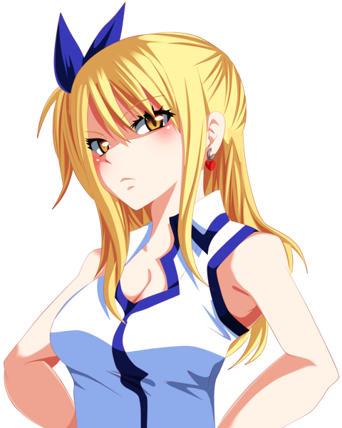 Anime picture 1600x2000 with fairy tail lucy heartfilia tongasart single long hair tall image blush blonde hair yellow eyes ponytail coloring side ponytail transparent background girl bow hair bow earrings