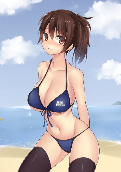 Anime picture 1024x1450 with kantai collection kaga aircraft carrier syow (syoutamho) single tall image looking at viewer blush short hair breasts light erotic brown hair large breasts brown eyes looking away sky cloud (clouds) groin side ponytail girl thighhighs