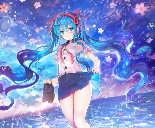 Anime picture 860x712 with vocaloid hatsune miku spring miku repi987 single looking at viewer blush blue eyes holding blue hair sky very long hair wet horizon wet clothes girl skirt flower (flowers) ribbon (ribbons) hair ribbon