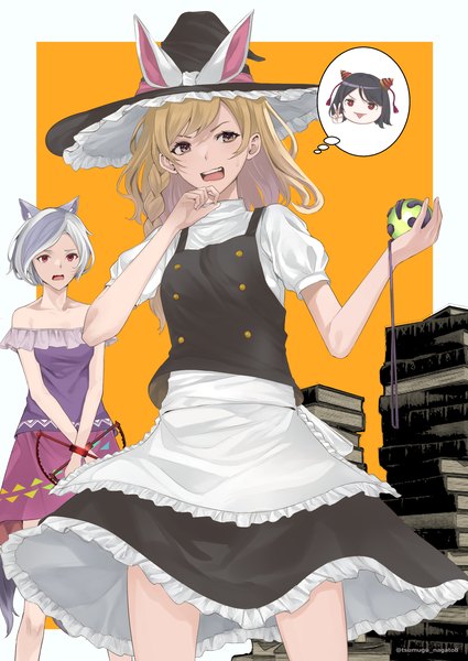 Anime picture 2508x3541 with touhou unfinished dream of all living ghost kirisame marisa nippaku zanmu mitsugashira enoko phinease long hair tall image highres short hair open mouth simple background blonde hair red eyes standing multiple girls holding animal ears yellow eyes silver hair