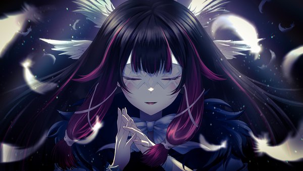 Anime picture 2560x1440 with genshin impact columbina (genshin impact) nisikm single long hair fringe highres black hair wide image upper body eyes closed multicolored hair two-tone hair head wings interlocked fingers girl gloves hair ornament wings x hair ornament