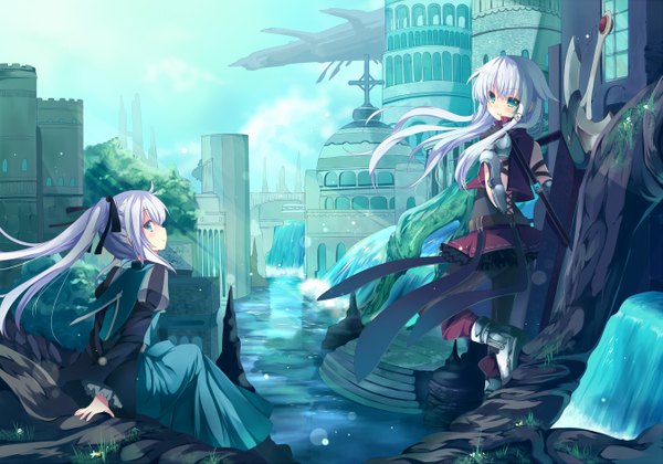 Anime picture 1350x945 with original mishima kurone long hair standing sitting twintails multiple girls green eyes sky white hair looking back city river girl skirt ribbon (ribbons) 2 girls hair ribbon water boots