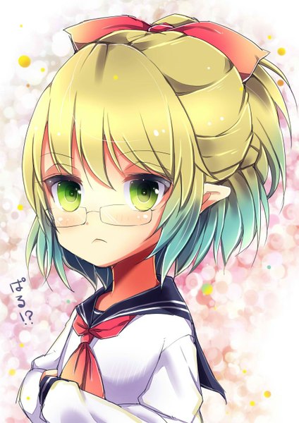 Anime picture 1018x1440 with touhou mizuhashi parsee uta (kuroneko) single tall image looking at viewer blush fringe short hair blonde hair green eyes ponytail pointy ears alternate costume half updo bespectacled :< girl uniform ribbon (ribbons)