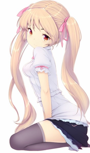 Anime picture 560x950 with original zizi (zz22) single long hair tall image looking at viewer simple background blonde hair smile white background twintails orange eyes girl thighhighs skirt bow hair bow