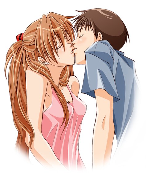 Anime picture 633x800 with neon genesis evangelion gainax soryu asuka langley ikari shinji amelie long hair tall image fringe short hair breasts simple background hair between eyes brown hair white background cleavage upper body eyes closed parted lips head tilt profile