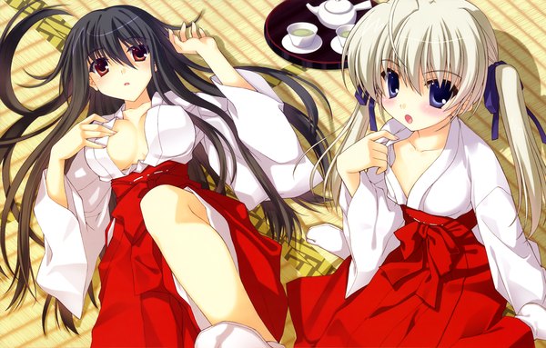 Anime picture 4949x3167 with calendar girl nanao naru long hair looking at viewer blush highres open mouth blue eyes light erotic black hair red eyes twintails multiple girls absurdres white hair traditional clothes scan miko girl ribbon (ribbons)