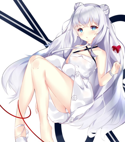 Anime picture 2100x2385 with azur lane le malin (azur lane) le malin (the knight's true nature) (azur lane) zc ling single long hair tall image looking at viewer blush fringe highres breasts blue eyes light erotic simple background white background bare shoulders silver hair bent knee (knees) bare legs