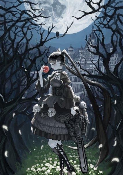 Anime picture 1200x1697 with original jonsun tall image looking at viewer black hair twintails sky very long hair lips black eyes night night sky lipstick black background pale skin gothic horror girl dress flower (flowers)