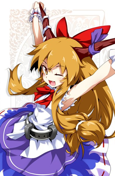 Anime picture 655x1000 with touhou ibuki suika hong (white spider) single long hair tall image looking at viewer blush open mouth blonde hair bare shoulders one eye closed horn (horns) from above wink teeth armpit (armpits) fang (fangs) spread arms girl