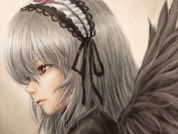 Anime picture 1600x1200 with rozen maiden suigintou tsun (tsutaya01) single long hair highres simple background red eyes white background silver hair profile grey hair realistic face angel wings black wings girl hairband