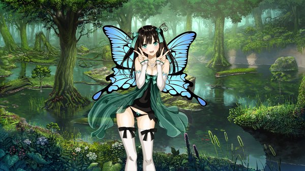 Anime picture 1920x1080 with tony taka single long hair blush highres open mouth light erotic black hair wide image green eyes absurdres victory vector insect wings butterfly wings girl thighhighs dress underwear panties