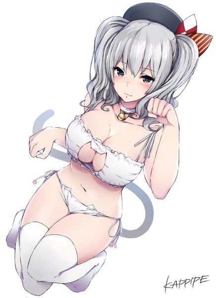 Anime picture 1090x1500 with kantai collection kashima training cruiser kappipe (brd0520) single long hair tall image looking at viewer blush fringe breasts light erotic simple background large breasts white background twintails signed bent knee (knees) tail animal tail lips