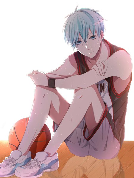 Anime picture 1650x2200 with kuroko no basket production i.g kuroko tetsuya na yeon single tall image looking at viewer fringe short hair blue eyes simple background hair between eyes white background sitting signed blue hair full body bent knee (knees) sweat reflection