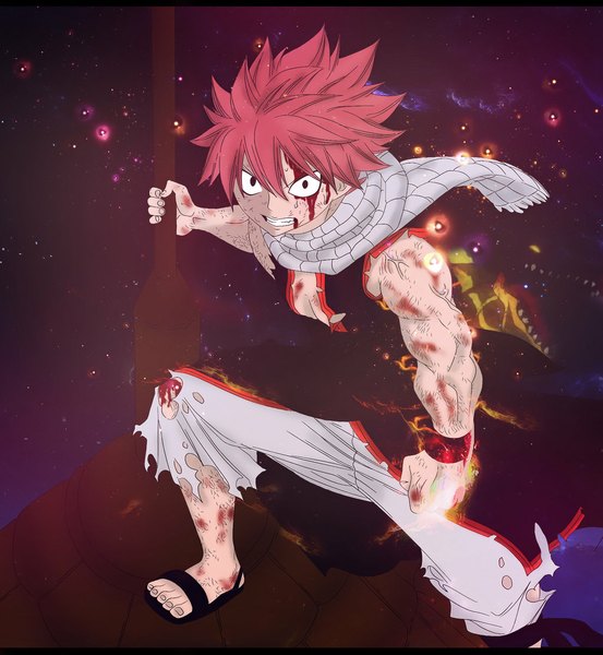 Anime picture 1024x1110 with fairy tail natsu dragneel single tall image short hair pink hair barefoot open clothes open jacket torn clothes muscle angry boy scarf blood fire
