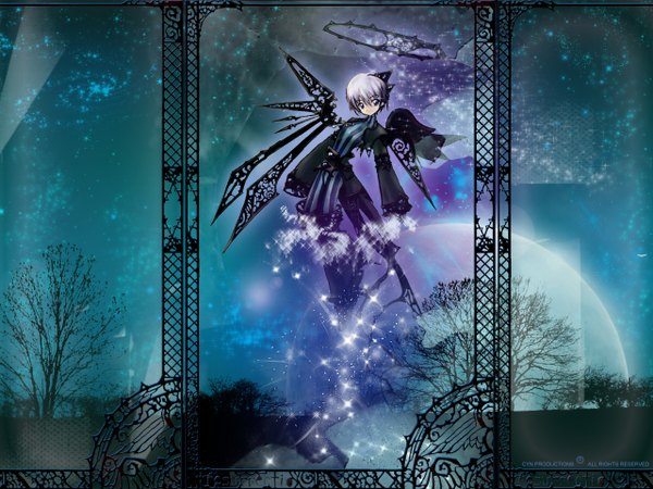 Anime picture 1280x960 with tagme (copyright) sumi keiichi kittycyn short hair black hair sky night black wings weightlessness girl plant (plants) wings tree (trees) moon