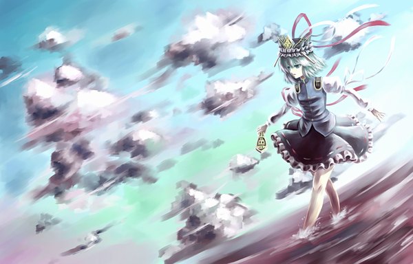 Anime picture 1500x960 with touhou shikieiki yamaxanadu paseri single short hair blue eyes sky cloud (clouds) green hair girl ribbon (ribbons) hat water rod of remorse