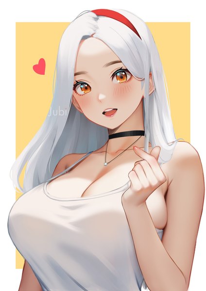 Anime picture 1448x2048 with original mio (jubi) jubi (regiana) single long hair tall image looking at viewer breasts open mouth light erotic simple background smile signed cleavage white hair orange eyes huge breasts sideboob yellow background finger heart