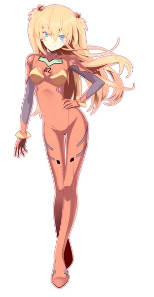 Anime picture 1300x2500 with neon genesis evangelion gainax soryu asuka langley shikinami asuka langley boltiji single long hair tall image blush blue eyes blonde hair smile white background hand on hip girl hair ornament bodysuit pilot suit