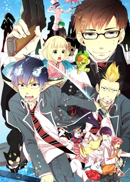 Anime picture 1142x1598 with ao no exorcist a-1 pictures okumura rin okumura yukio moriyama shiemi shima renzou kamiki izumo suguro ryuuji mephisto pheles miwa konekomaru kuro (ao no exorcist) amaimon kirigakure shura nii (ao no exorcist) long hair tall image short hair open mouth blue eyes blonde hair