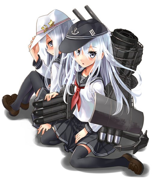 Anime picture 679x800 with kantai collection hibiki destroyer verniy destroyer katahira masashi long hair tall image looking at viewer blush simple background white background sitting multiple girls silver hair zettai ryouiki wariza silver eyes hammer and sickle girl thighhighs skirt