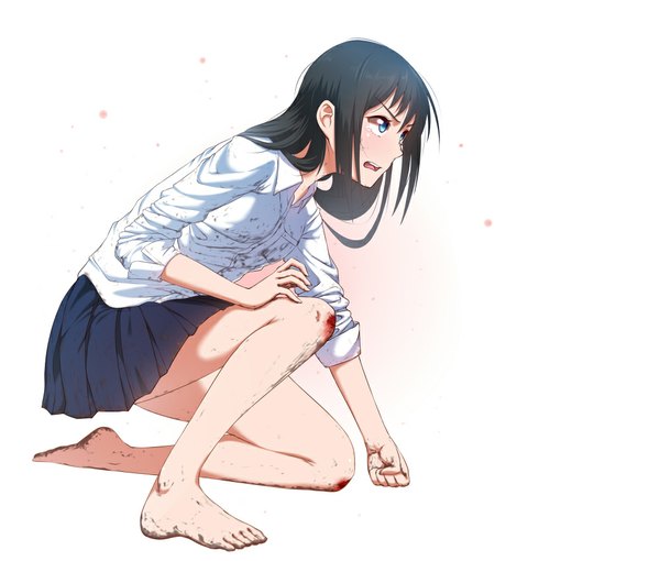 Anime picture 1000x850 with original exeweb single long hair blush open mouth blue eyes black hair simple background white background barefoot girl skirt shirt blood