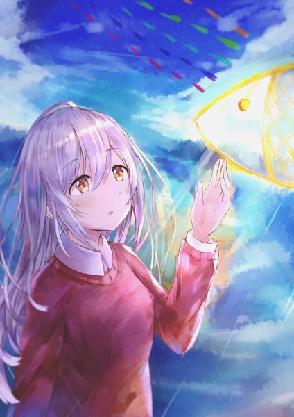 Anime picture 1240x1754 with irozuku sekai no ashita kara p.a. works tsukishiro hitomi heixie single long hair tall image fringe open mouth hair between eyes yellow eyes sky silver hair cloud (clouds) upper body long sleeves looking up outstretched hand drawing girl