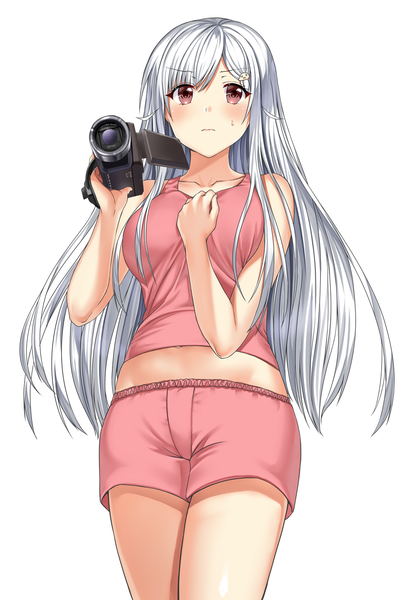 Anime picture 1041x1500 with original neeko arudehido single long hair tall image blush fringe simple background white background bare shoulders silver hair pink eyes from below midriff sweatdrop between breasts girl hairclip pajamas