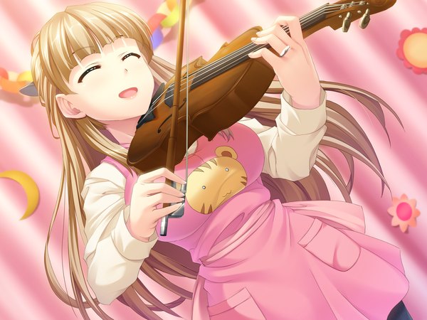 Anime picture 1600x1200 with dai ni ongakushitsu e youkoso!! itsushiro miyabi long hair open mouth brown hair game cg eyes closed girl apron violin bow (instrument)