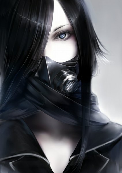 Anime picture 565x800 with original erise single long hair tall image looking at viewer fringe blue eyes black hair simple background hair over one eye grey background close-up pale skin white skin girl respirator