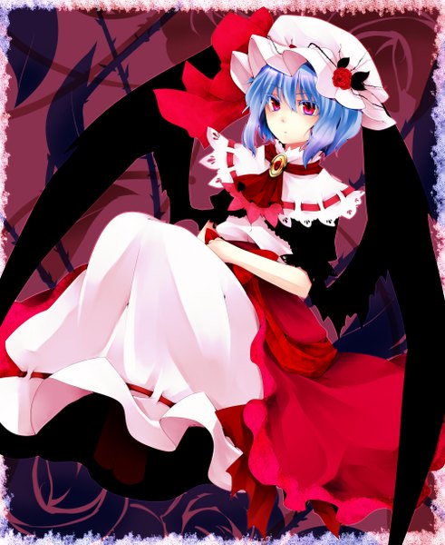 Anime picture 1000x1221 with touhou remilia scarlet yutazou single tall image short hair red eyes blue hair girl dress bow wings bonnet