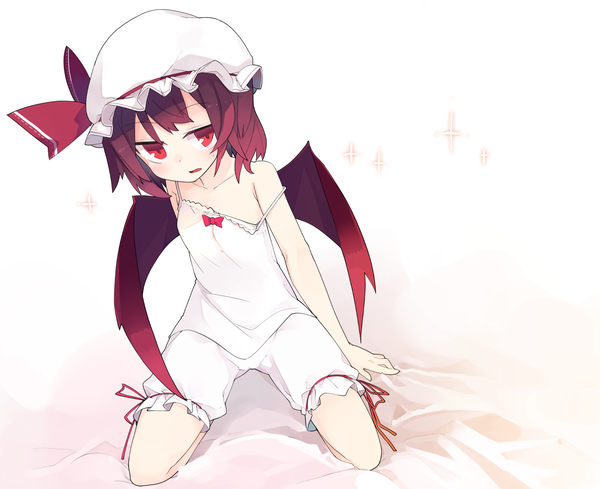 Anime picture 1506x1228 with touhou remilia scarlet aki maki yuu single looking at viewer short hair open mouth light erotic red eyes white background purple hair full body sparkle kneeling strap slip bat wings girl underwear ribbon (ribbons) hat