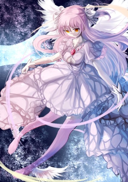 Anime picture 2480x3507 with mahou shoujo madoka magica shaft (studio) kaname madoka tagme (artist) single long hair tall image fringe highres breasts yellow eyes pink hair short sleeves two side up no shoes flying white wings girl dress gloves