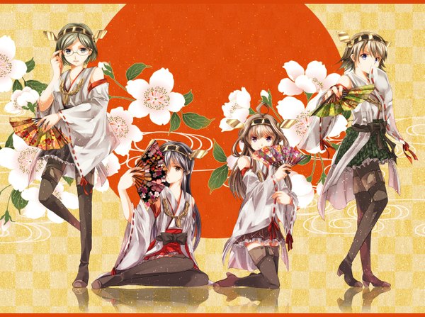 Anime picture 1341x1000 with kantai collection kongou battleship haruna battleship kirishima battleship hiei battleship iroha (shiki) long hair looking at viewer short hair blue eyes black hair brown hair multiple girls brown eyes full body traditional clothes nontraditional miko girl hair ornament flower (flowers)