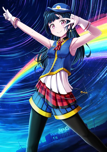 Anime-Bild 1061x1500 mit love live! sunshine!! sunrise (studio) love live! tsushima yoshiko buckle (artist) single long hair tall image looking at viewer blush fringe breasts smile red eyes standing blue hair outdoors pink eyes arm up night