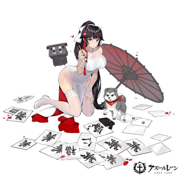 Anime picture 1280x1245 with azur lane takao (azur lane) takao (spring learning) (azur lane) kishiyo single long hair fringe breasts light erotic black hair simple background hair between eyes white background bare shoulders holding full body ponytail blunt bangs traditional clothes hair flower