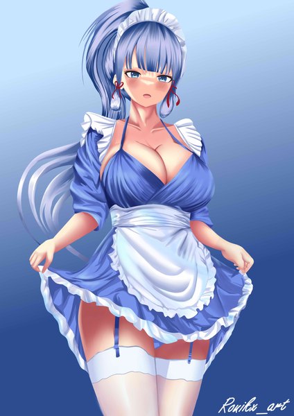 Anime-Bild 3508x4961 mit genshin impact kamisato ayaka ronikx art single long hair tall image looking at viewer fringe highres breasts open mouth blue eyes light erotic simple background large breasts standing signed payot blue hair looking away