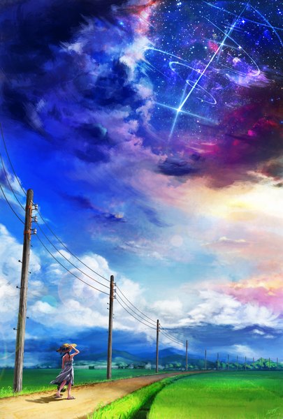 Anime picture 1352x2000 with original rapt (47256) single long hair tall image black hair signed cloud (clouds) outdoors braid (braids) wind from behind sunlight night shadow night sky twin braids mountain walking adjusting hat
