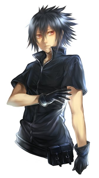 Anime picture 560x1000 with final fantasy final fantasy xv square enix noctis lucis caelum f-wd single tall image short hair simple background red eyes white background blue hair looking away open collar boy gloves belt fanny pack