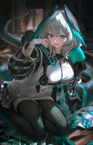 Anime picture 1920x3010 with arknights ho'olheyak (arknights) mr.lime single tall image looking at viewer blush fringe highres short hair open mouth hair between eyes sitting silver hair indoors tail :d aqua eyes fingernails depth of field