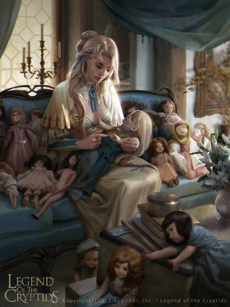 Anime picture 750x1000 with legend of the cryptids janaschi (artist) single long hair tall image blonde hair sitting braid (braids) eyes closed lips realistic inscription hair bun (hair buns) copyright name side braid fantasy girl dress flower (flowers) ribbon (ribbons)