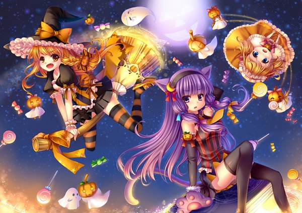 Anime picture 1131x800 with touhou kirisame marisa patchouli knowledge alice margatroid grandia bing long hair blonde hair purple eyes multiple girls animal ears yellow eyes purple hair cat ears magic striped halloween flying ghost witch broom riding