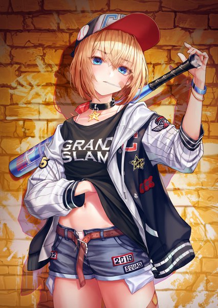 Anime picture 2332x3284 with original chyopeuteu single tall image looking at viewer blush fringe highres short hair breasts blue eyes light erotic blonde hair hair between eyes standing holding payot head tilt off shoulder open jacket