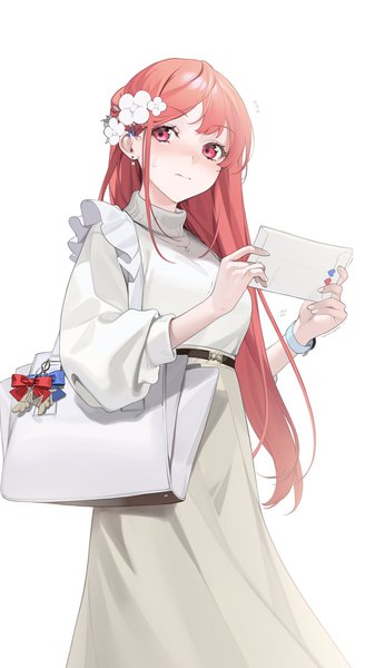 Anime picture 1152x2048 with project luminasys original hatane rona ohisashiburi single long hair tall image looking at viewer fringe simple background red eyes white background holding signed red hair long sleeves nail polish hair flower sweatdrop frown