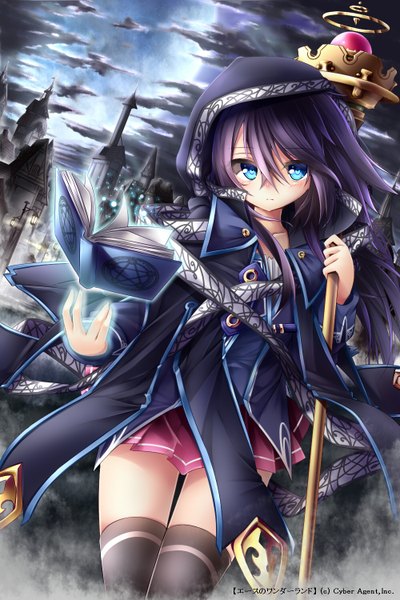 Anime picture 1000x1500 with chabaneko single long hair tall image blue eyes purple hair cloud (clouds) zettai ryouiki girl thighhighs dress black thighhighs book (books) hood moon staff