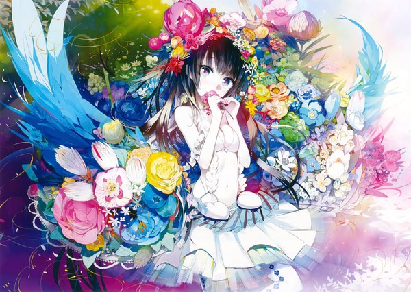 Anime picture 3300x2345 with original eshi 100-nin ten okama single long hair looking at viewer highres breasts blue eyes black hair absurdres scan official art girl dress hair ornament flower (flowers) plant (plants)